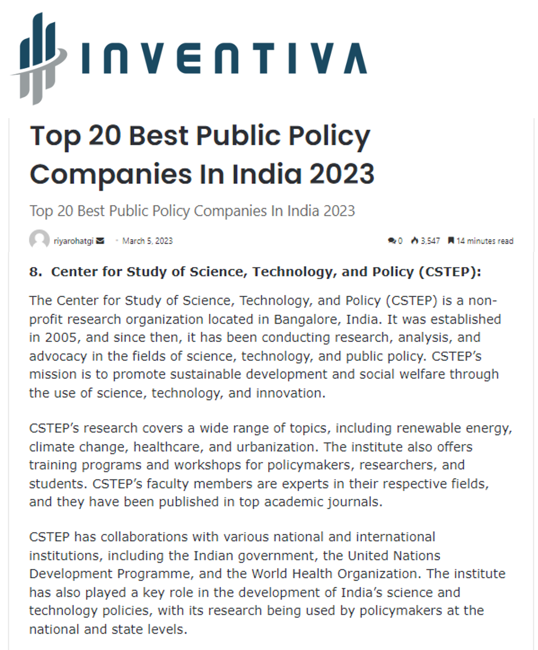 CSTEP mentioned as one of the top 20 public policy companies in India in 2023 by Inventiva